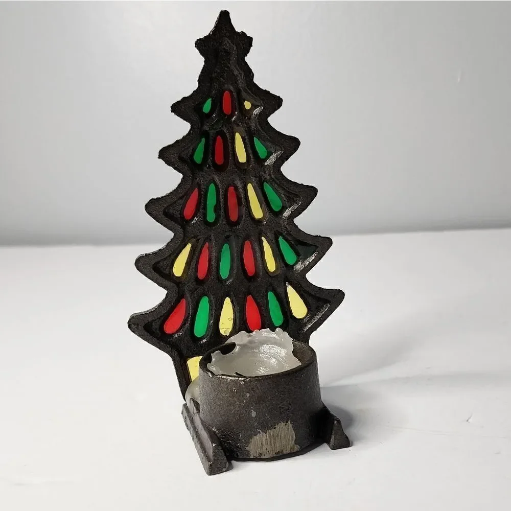 Vintage real Stained Glass Cast Iron Votive Candle Holder CHRISTMAS TREE